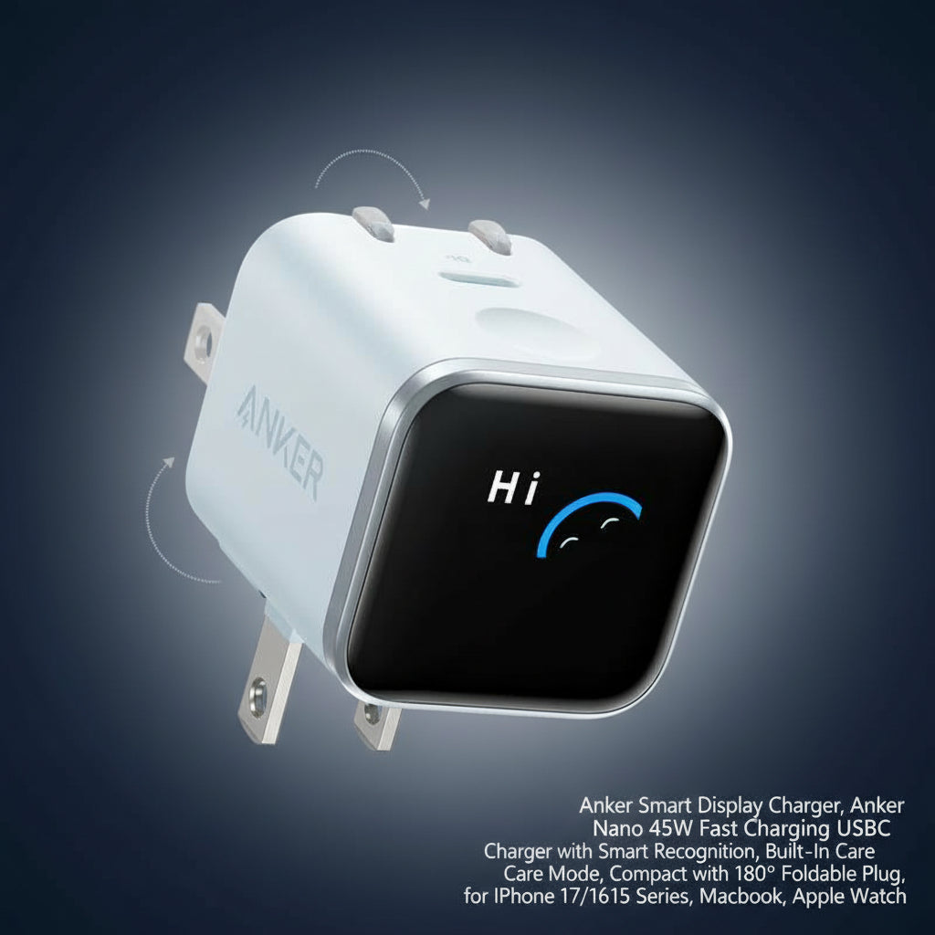 Anker Smart Display Charger, Anker Nano 45W Fast Charging USBC Charger with Smart Recognition, Built-In Care Mode, Compact with 180° Foldable Plug, for Iphone 17/16/15 Series, Macbook, Apple Watch